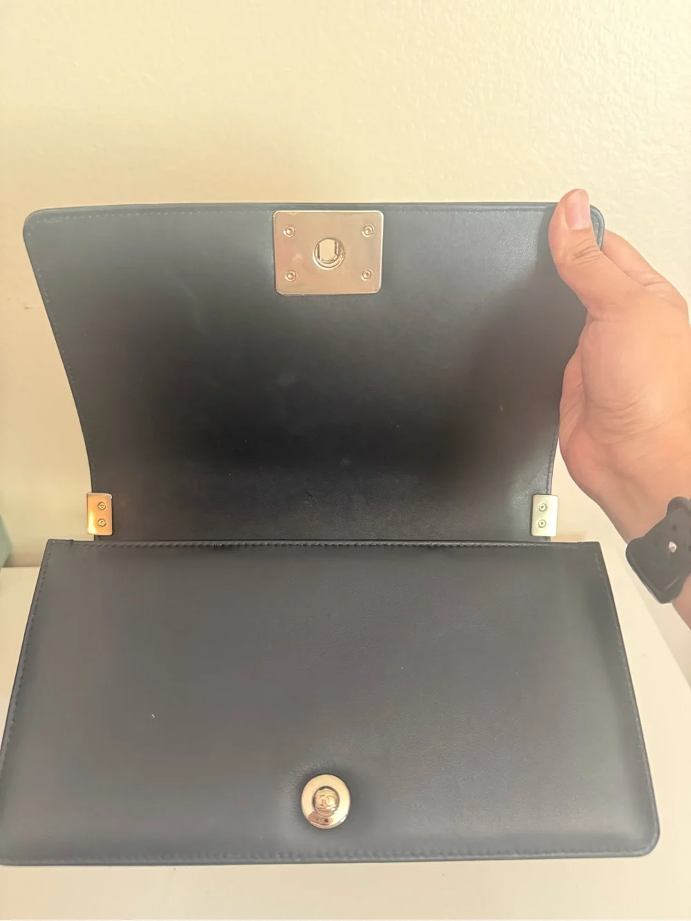 CHANEL Black Leather Boy Bag with Pearl Studs and Gold Chain